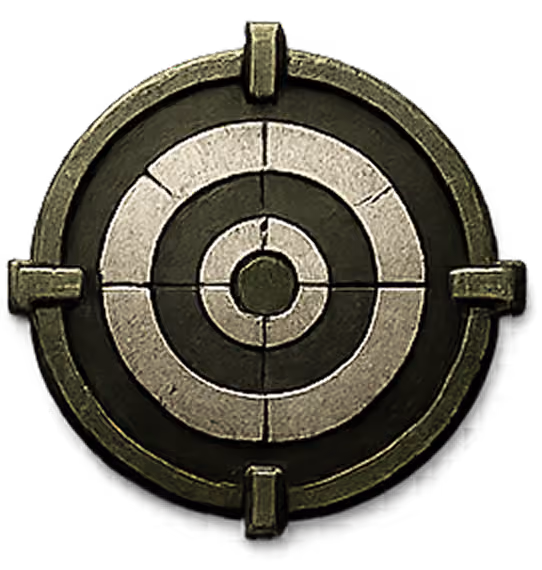 Circular metallic target with concentric rings and crosshair markings dividing it into segments.