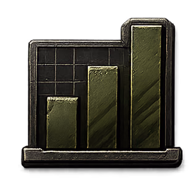 Stylized bar chart icon with three vertical bars of increasing height on a grid background.