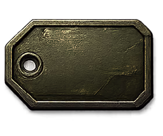 Empty textured green military dog tag with a worn metal border and a hole on the left side.