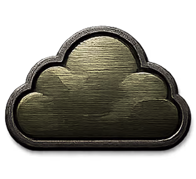 Metal cloud-shaped badge with a brushed texture and dark border.