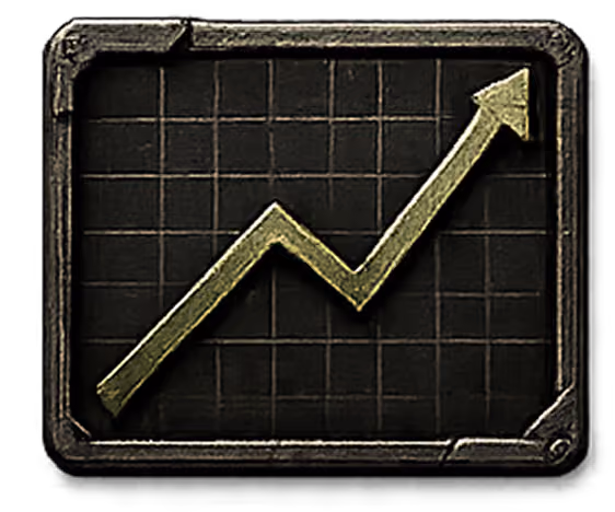Graph with gold upward-trending arrow on a dark grid background framed in a metallic border.