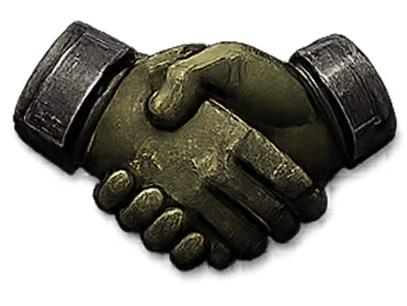 Green hands in metal cuffs shaking hands in a firm handshake gesture.