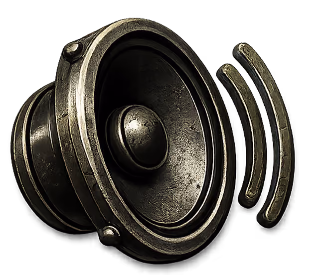 Metallic vintage speaker emitting sound, shown with sound wave icons on the right side.