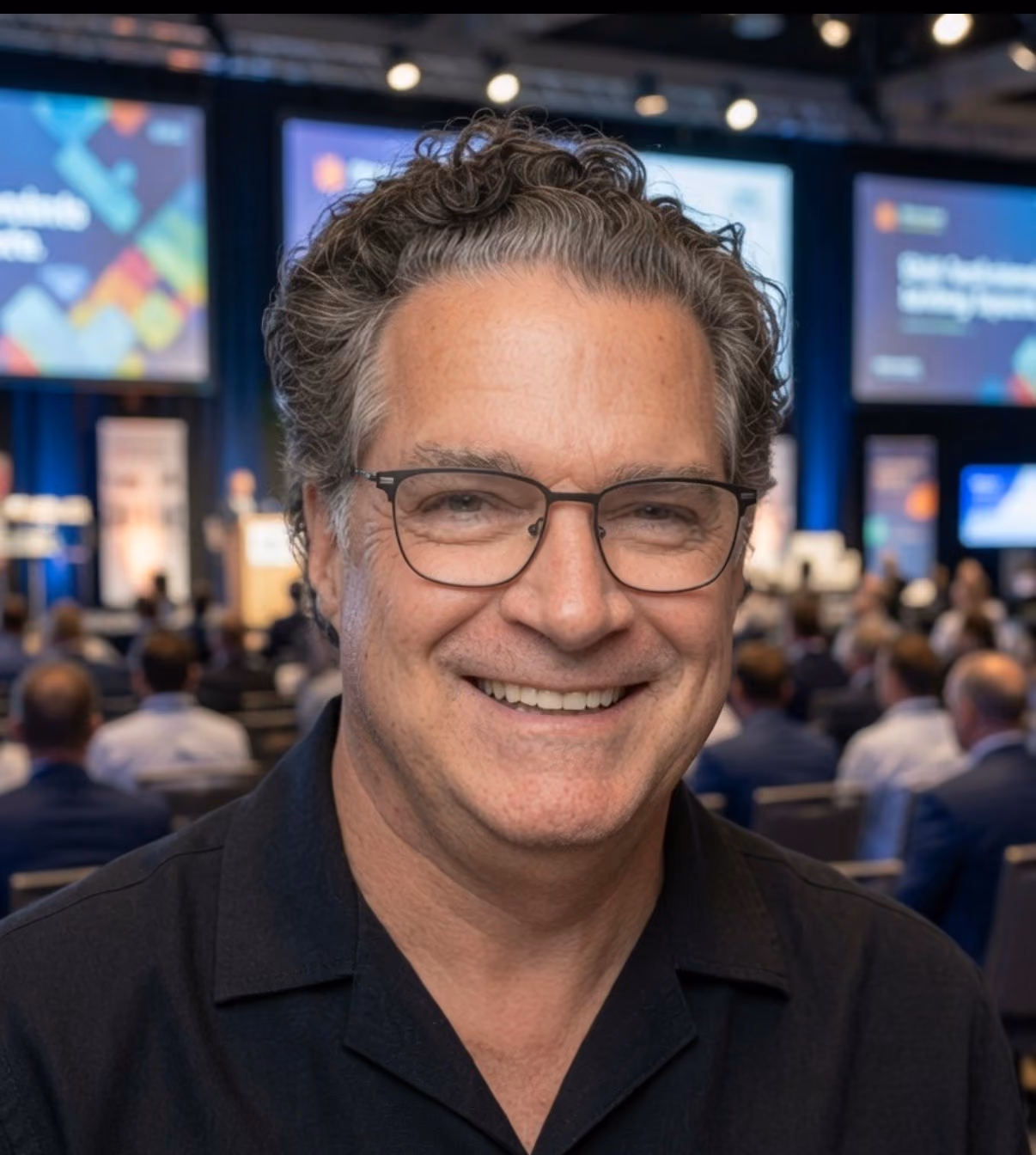 Middle-aged man with curly graying hair and glasses wearing a black shirt and lanyard.