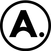 Black stylized letter A with a dot inside a white circle on a black background.