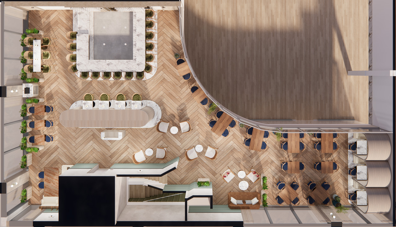 overhead render of dining area