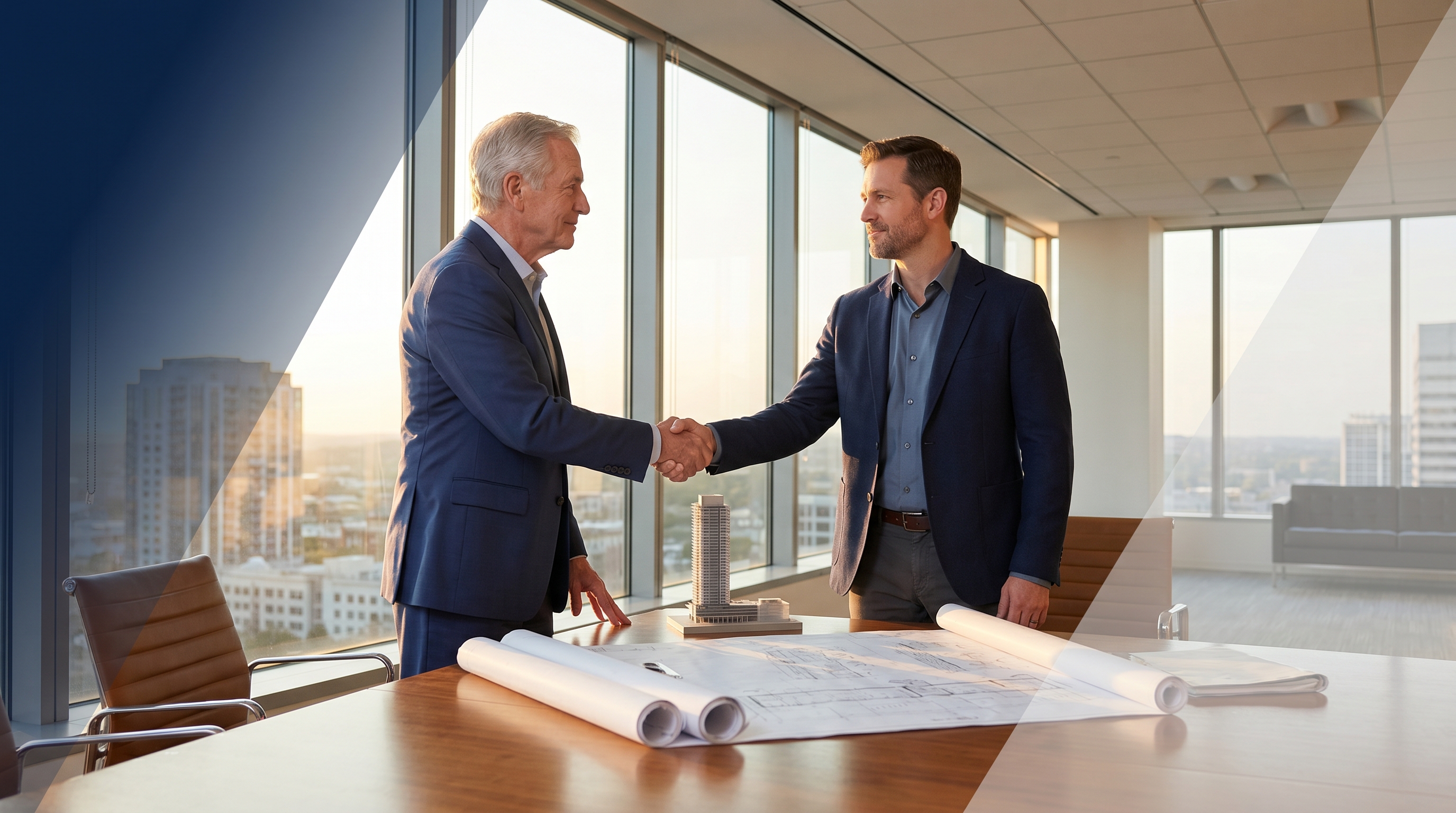 Senior and mid-career engineers shake hands over blueprints at an A/E firm Step-Up Legacy Plan closing.
