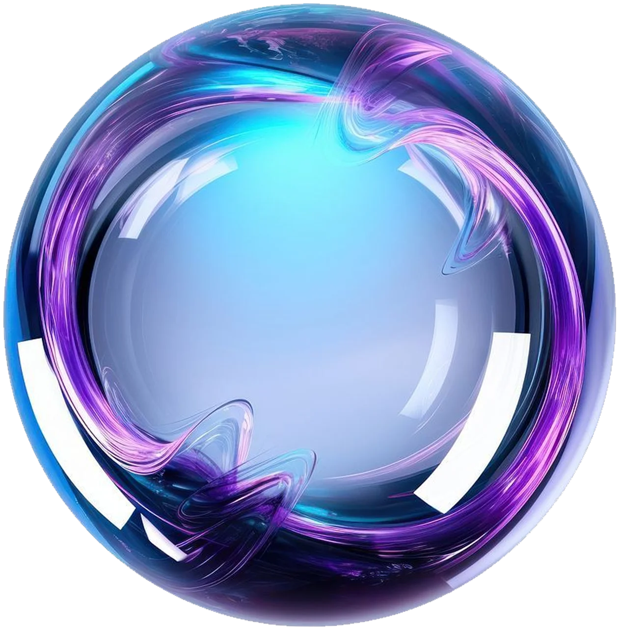 Glossy spherical orb with swirling purple and blue light patterns inside.