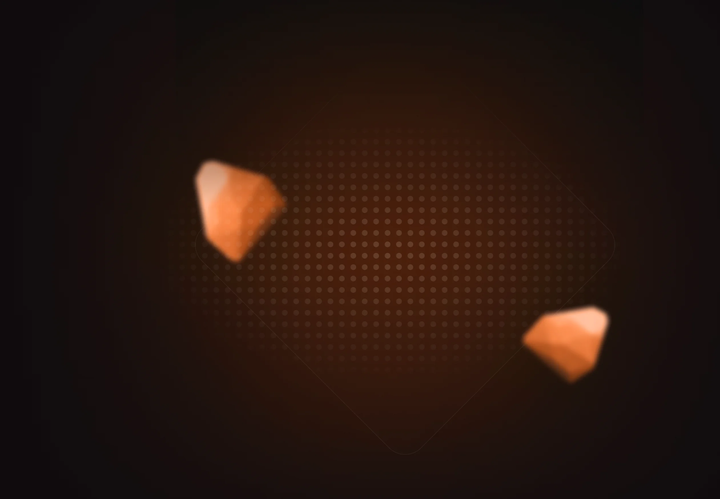 Dark background with two blurred orange polygonal shapes and a central dotted pattern.