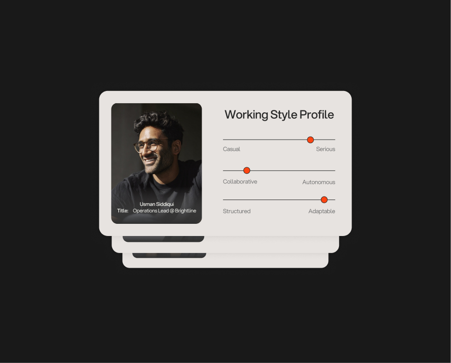Profile card showing a man with glasses named Usman Siddiqui, Operations Lead at Brightline, with sliders indicating a serious, collaborative, and adaptable working style.
