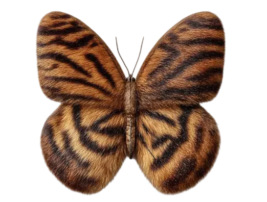 Butterfly with brown and black tiger-striped fur-textured wings on a black background.