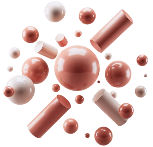 Floating shiny spheres and cylindrical shapes in shades of brown and beige on a black background.