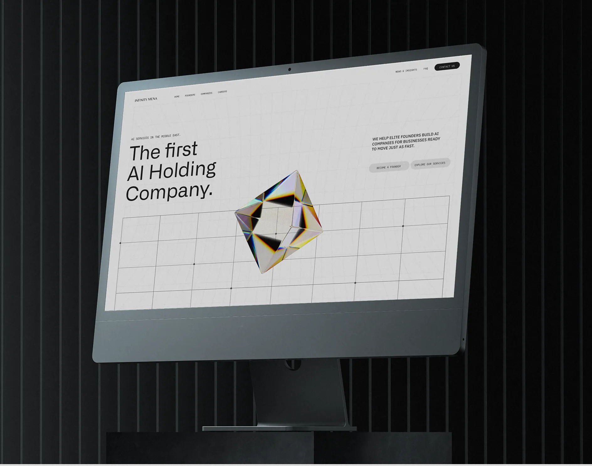 Desktop monitor displaying an Infinity Constellation website page about an AI holding company.