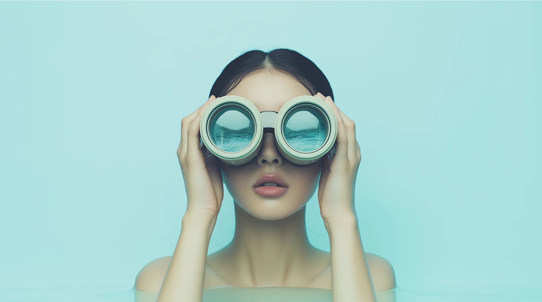 Woman looking through oversized binoculars with a seascape reflected in the lenses.