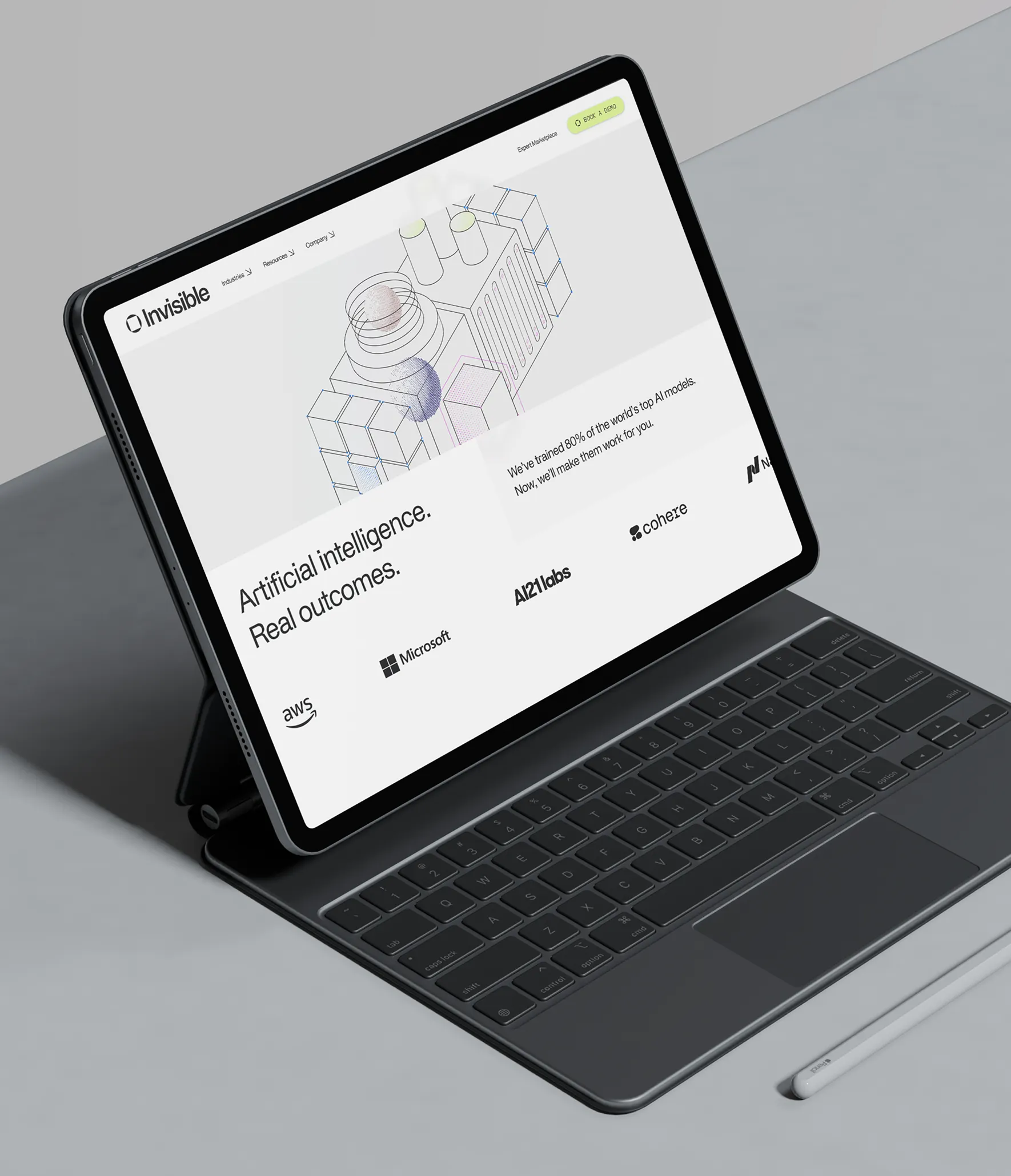 Laptop displaying the Invisible Technologies homepage and an AI-inspired line illustration.