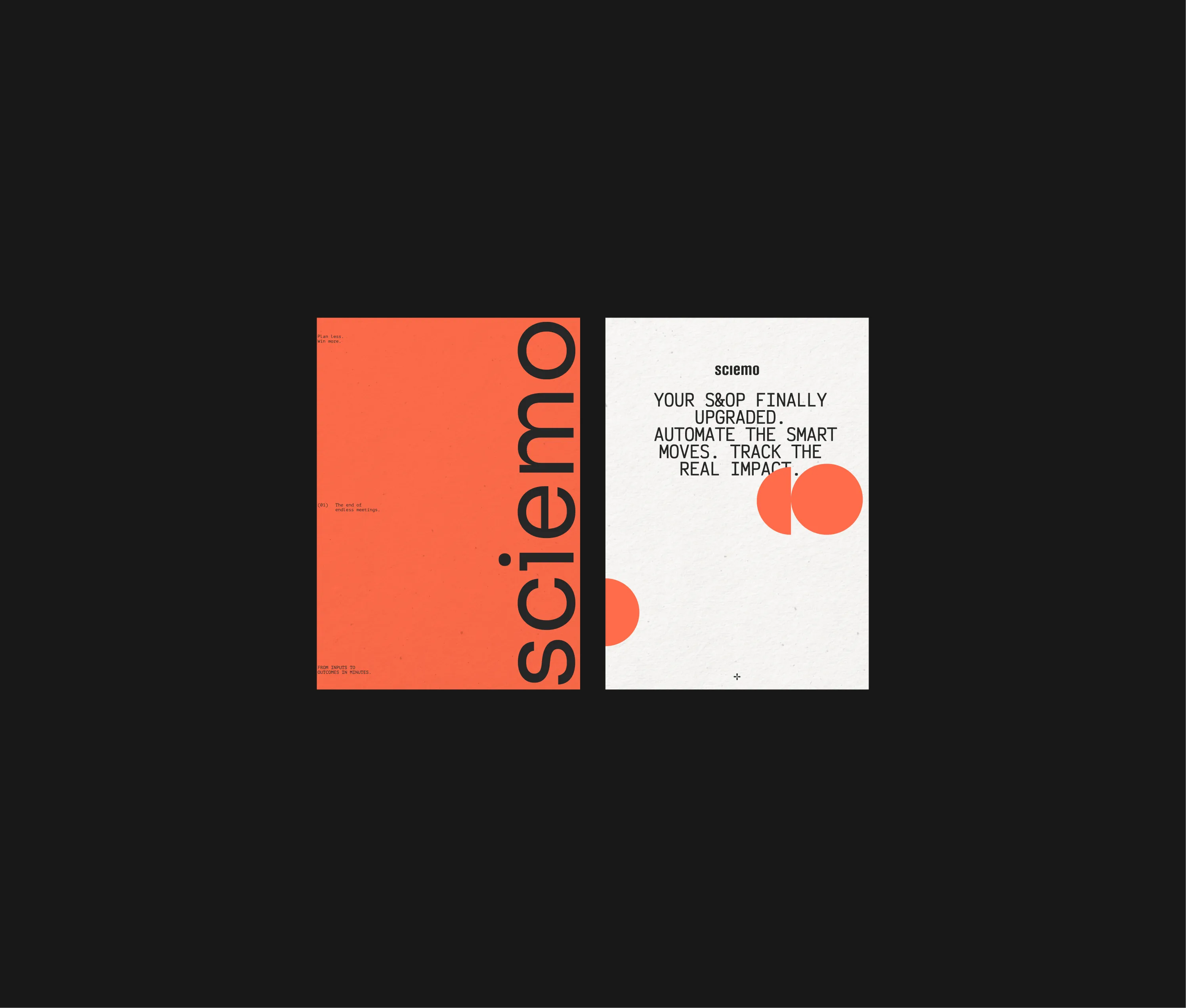 Sciemo interface cards in coral and white on a black background.