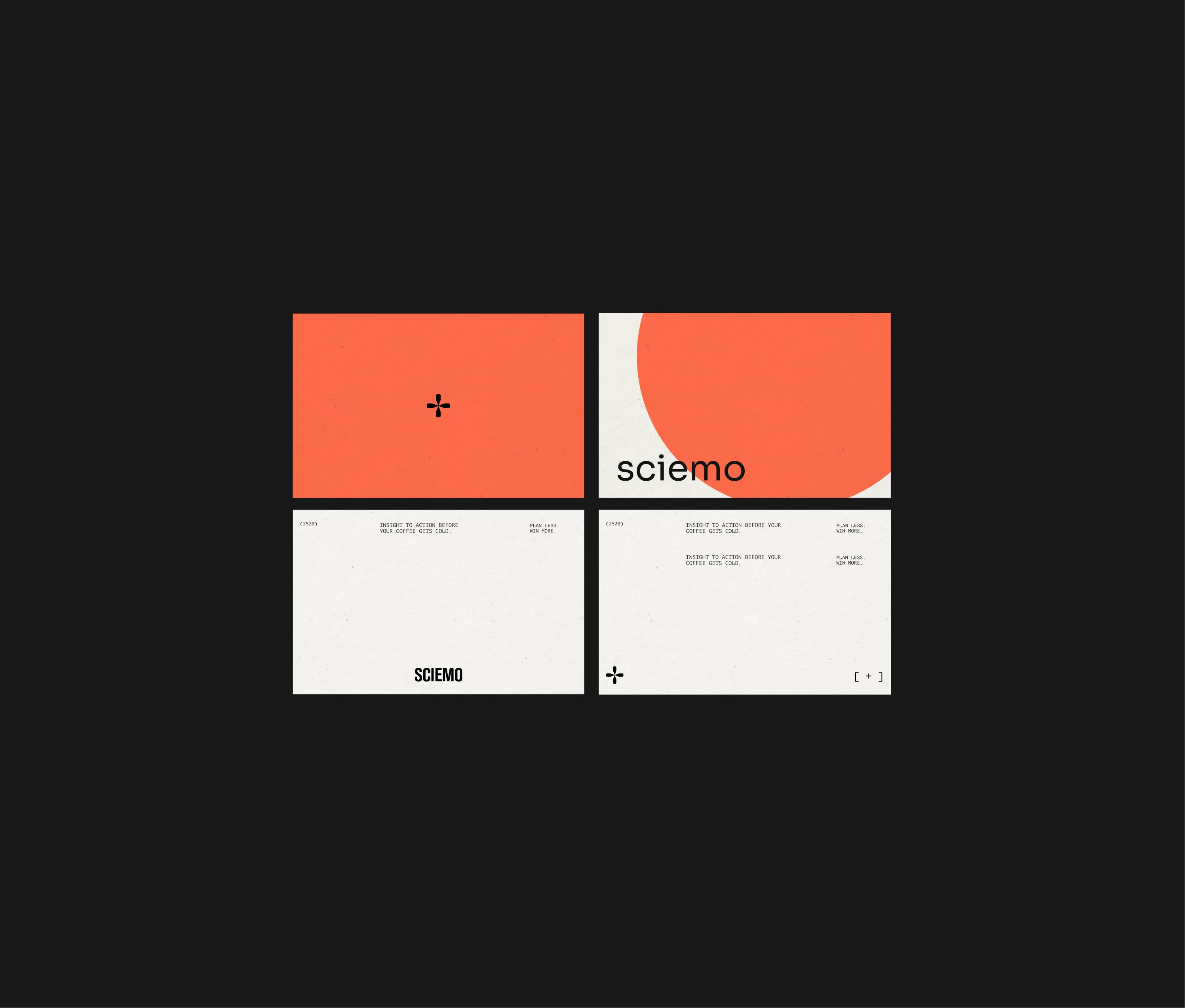 Three Sciemo interface cards in coral and white on a black background.