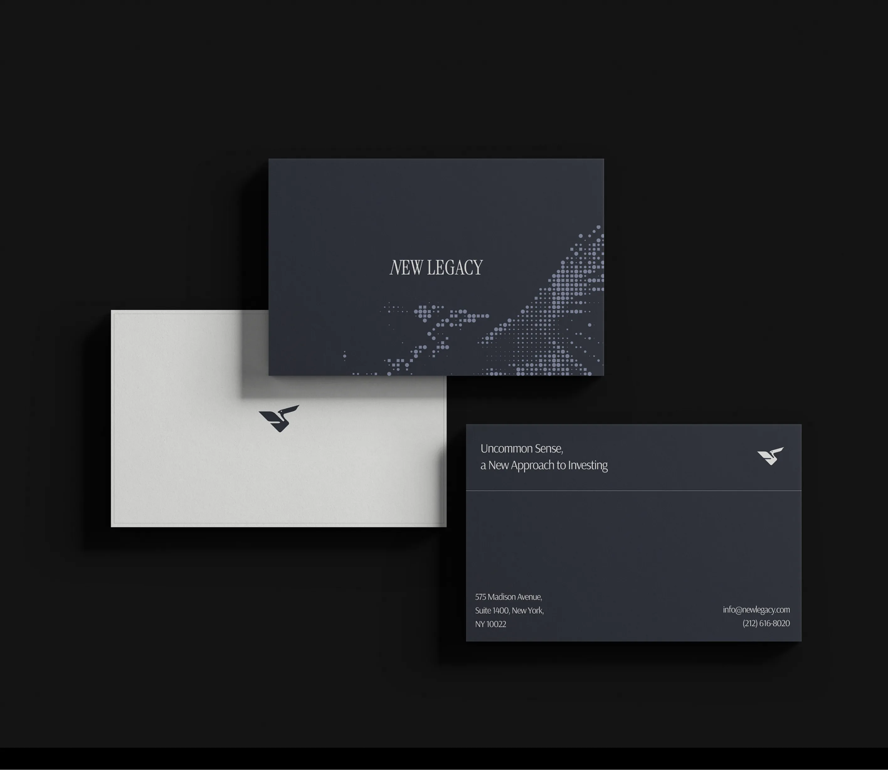 New Legacy brand cards arranged on a dark background.
