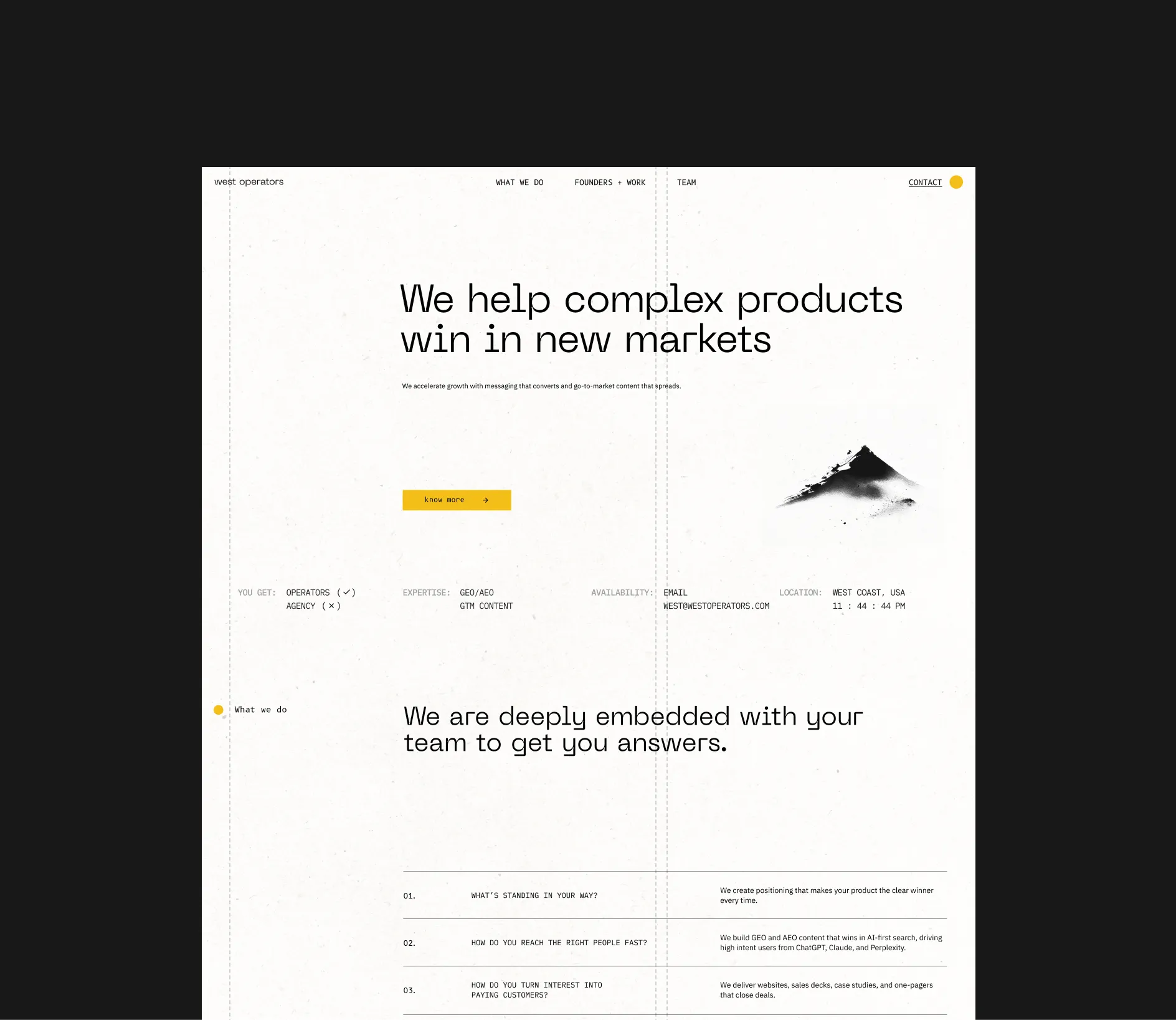 West Operators webpage with a centered contact or information form.