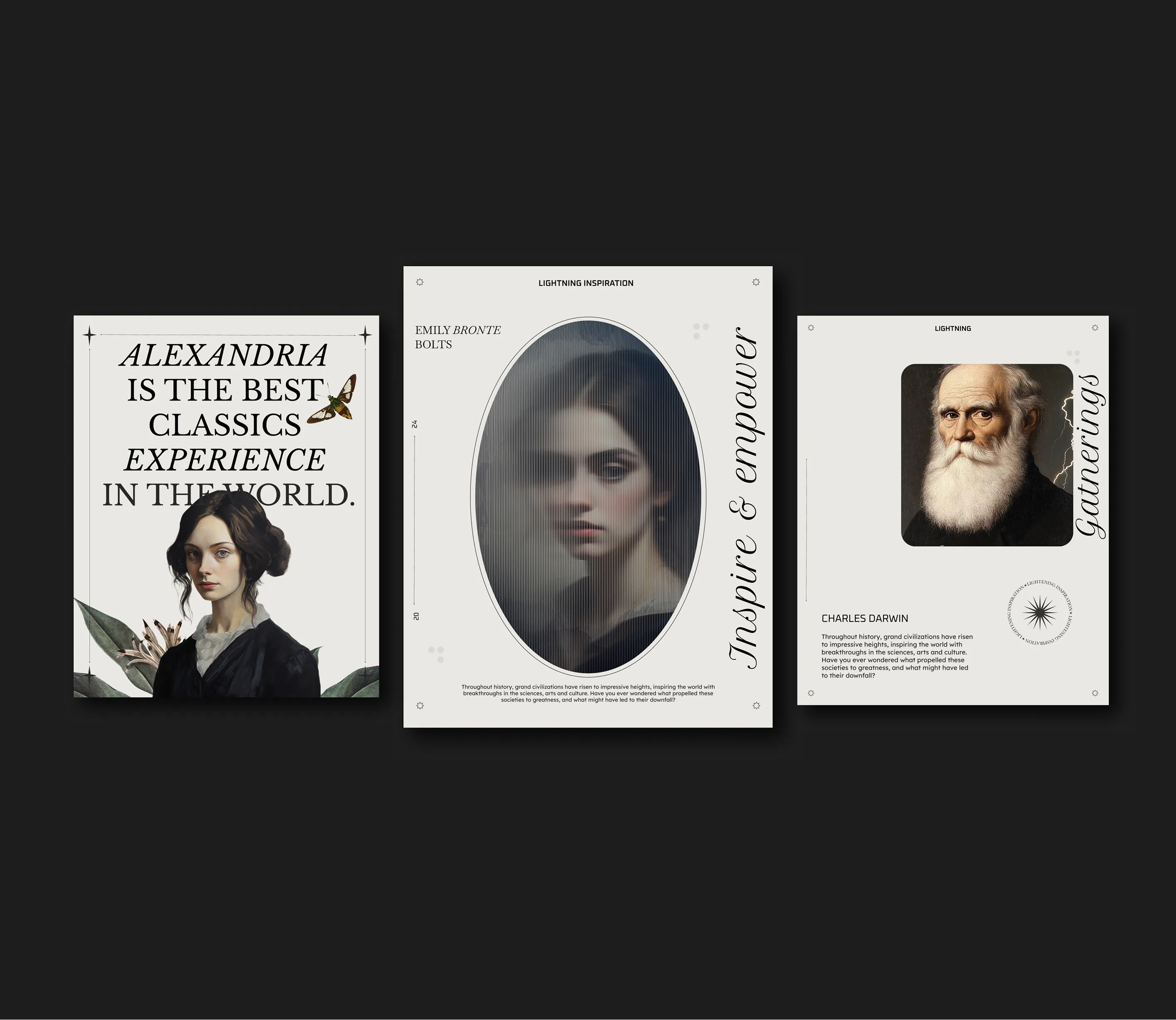 Series of black-and-white classical portrait cards on a dark background.