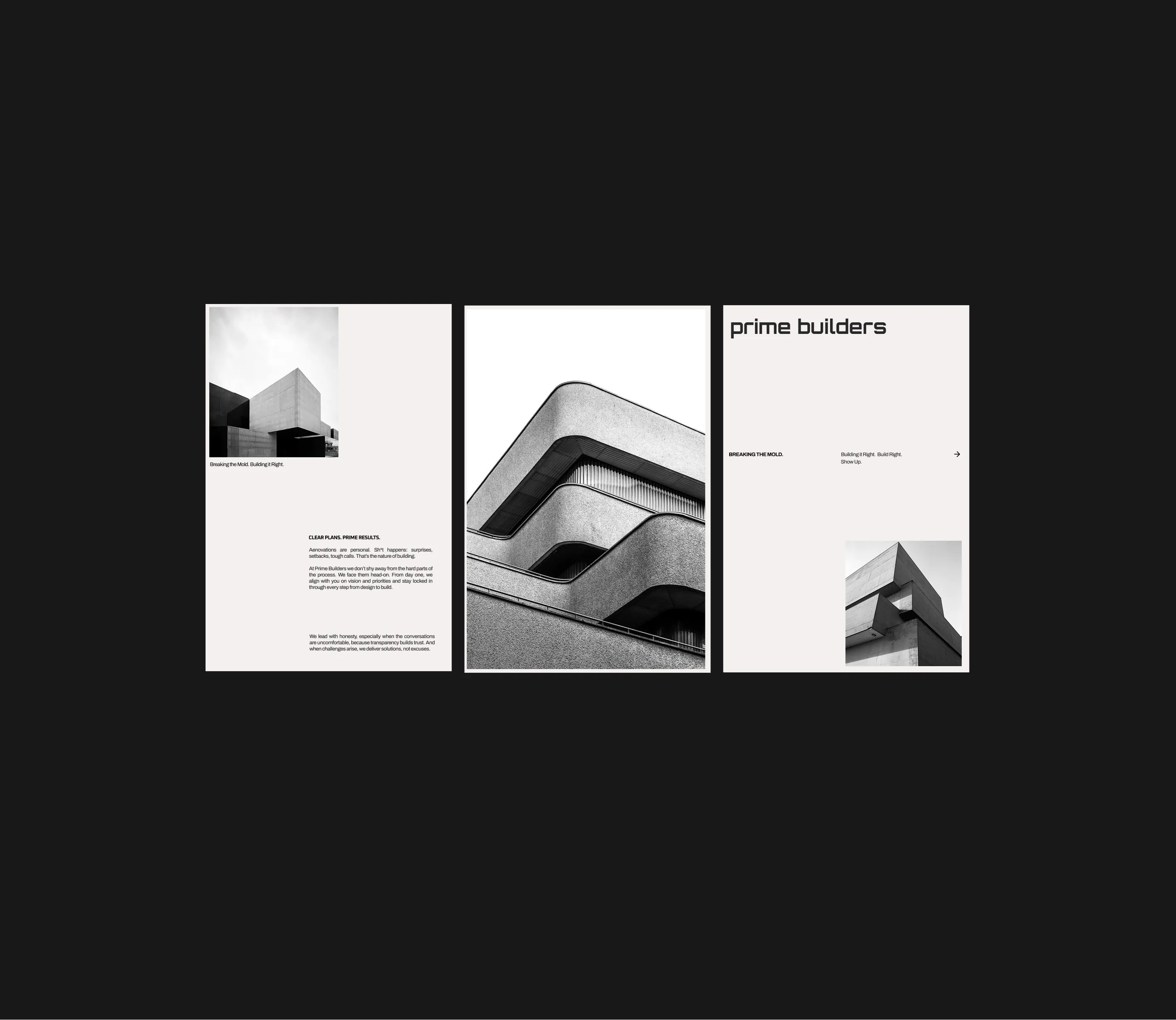 Three Prime Builders architectural presentation panels featuring modern homes.