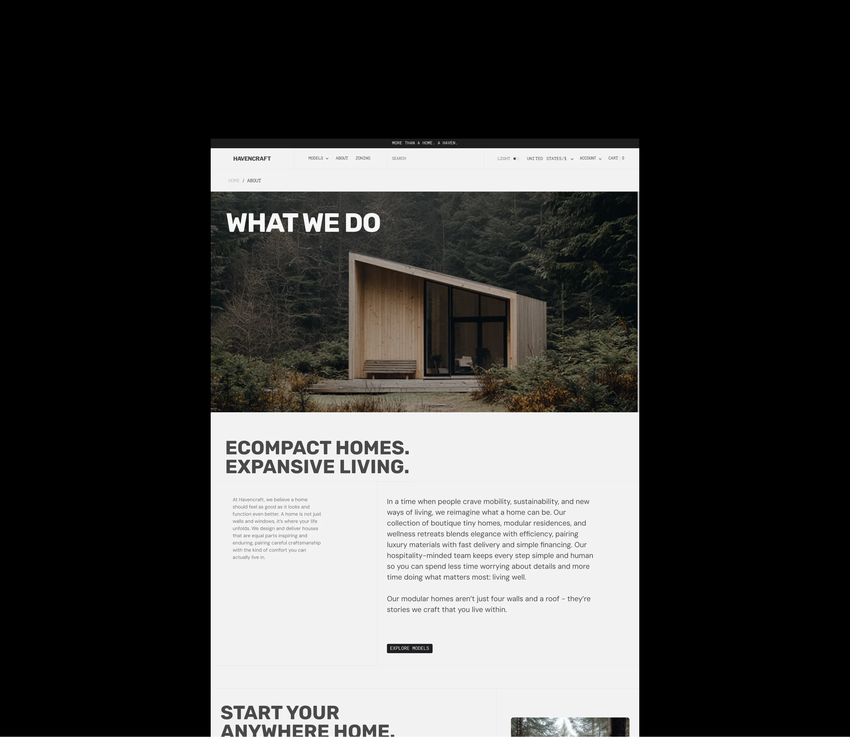 Havencraft webpage featuring a tiny home in the forest with project details.