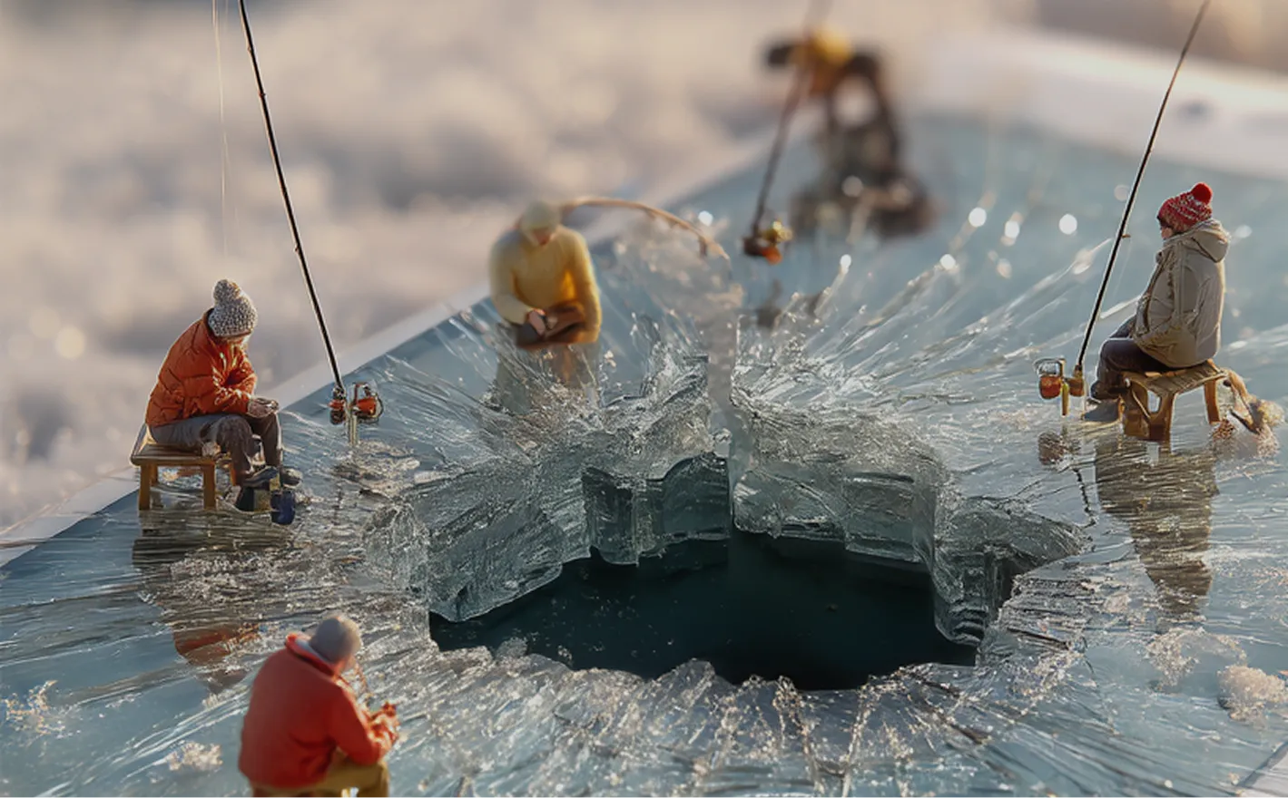 Miniature ice fishers gathered around a large hole in a frozen surface, symbolizing collaboration and shared effort.