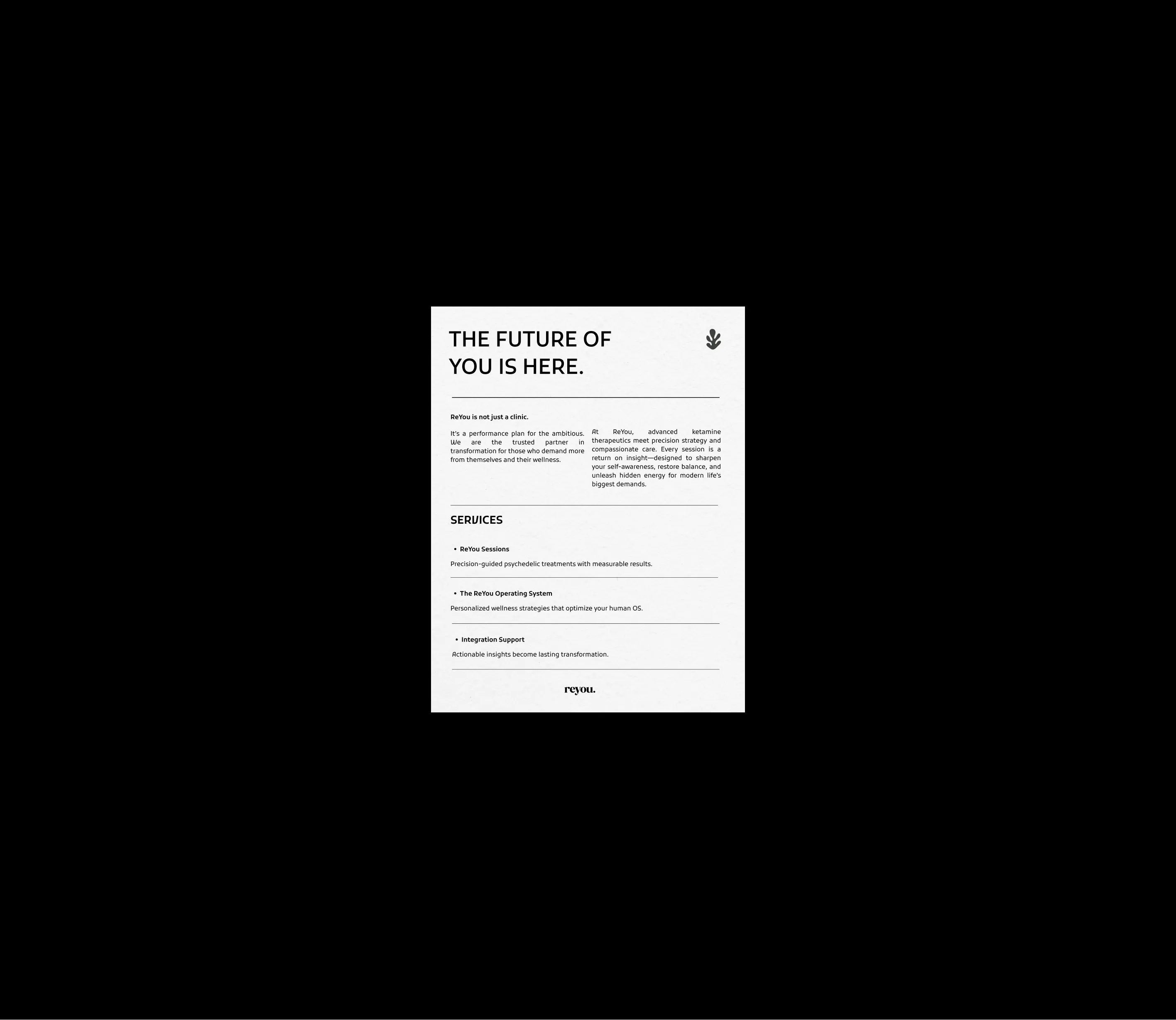 Minimal Reyou editorial card displayed on black.