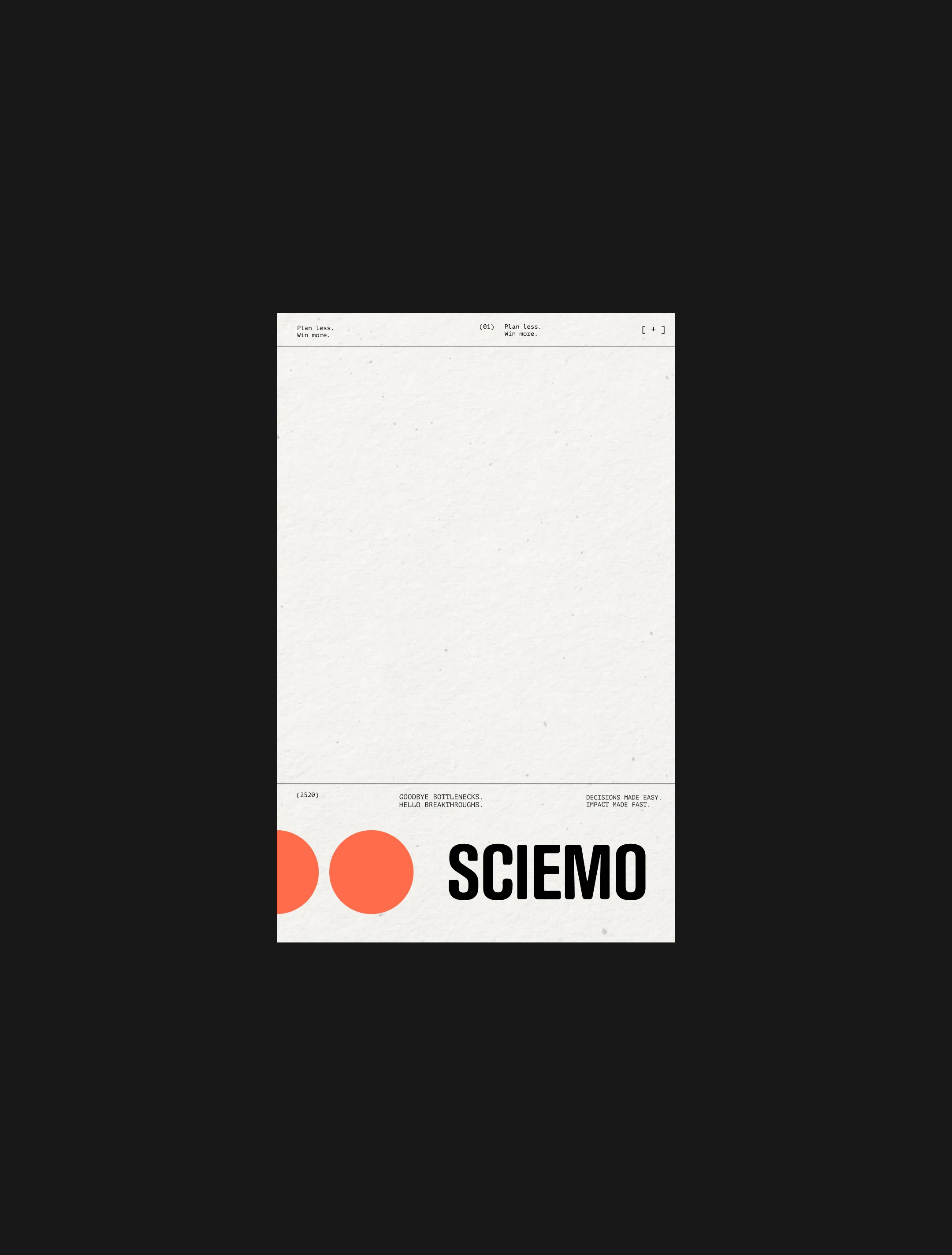 Minimal white Sciemo poster with small coral and black brand marks at the bottom.