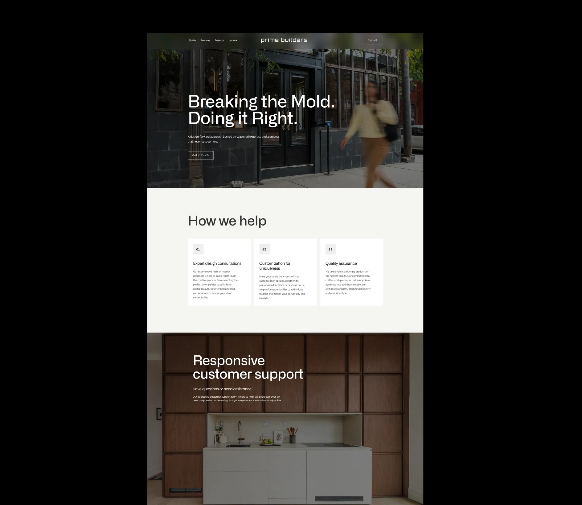Prime Builders mobile website shown against a dark wood background.