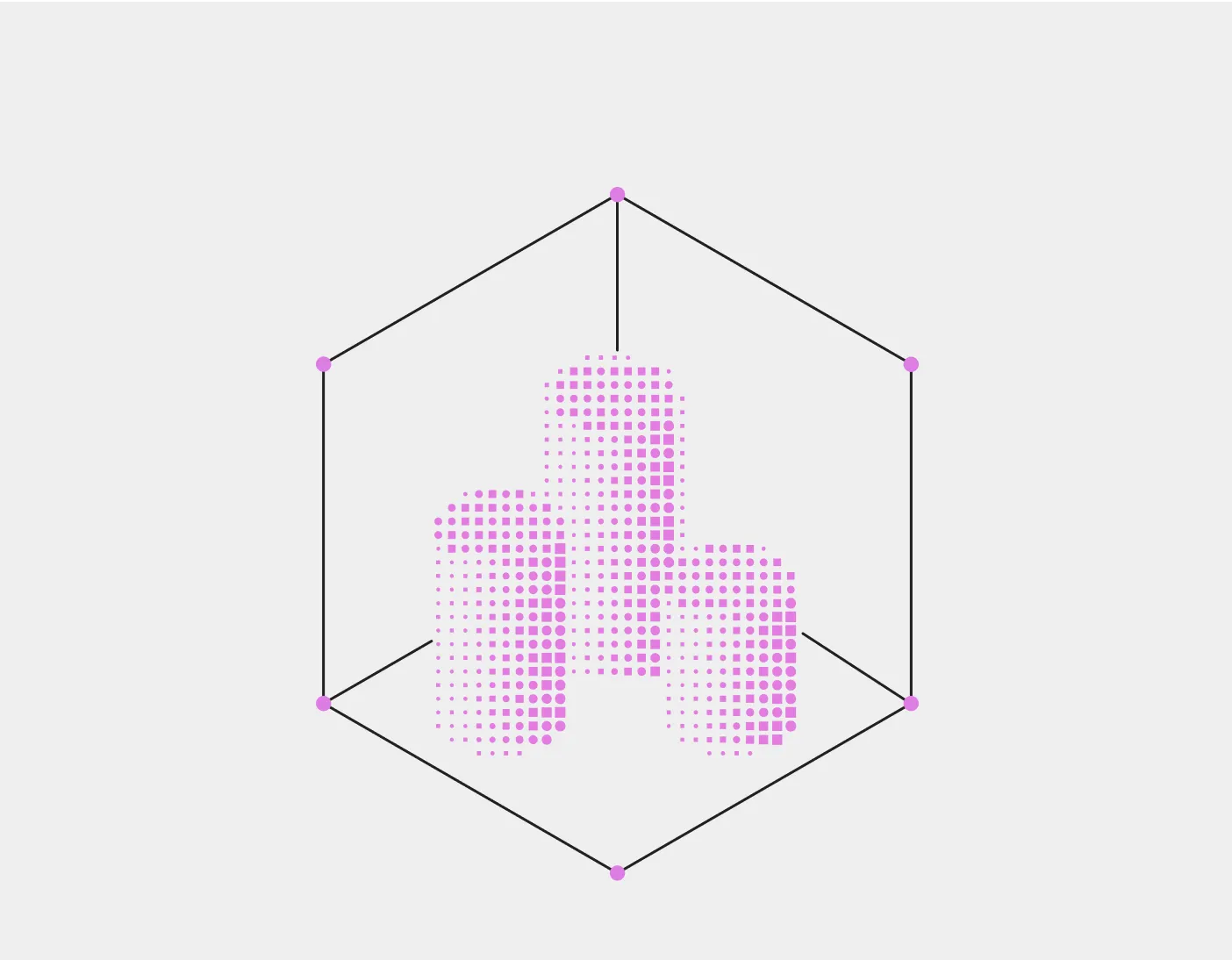 Pink pixelated abstract form contained within a geometric wireframe cube.