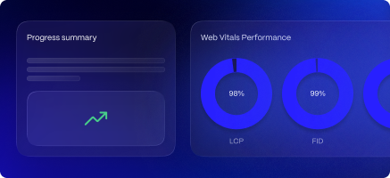 A blue screen with a pie chart and a bar graph.