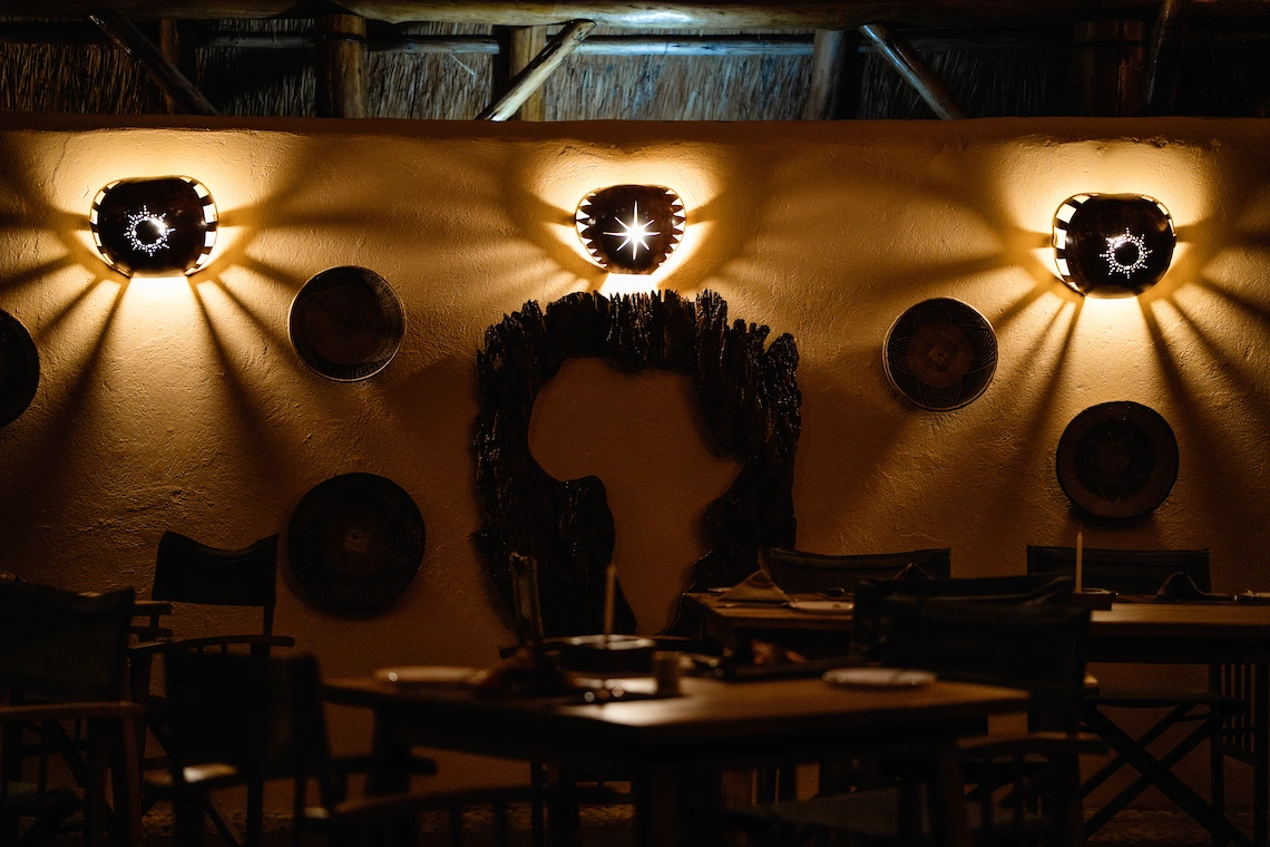 Solar lights in the lodge restaurant at night 