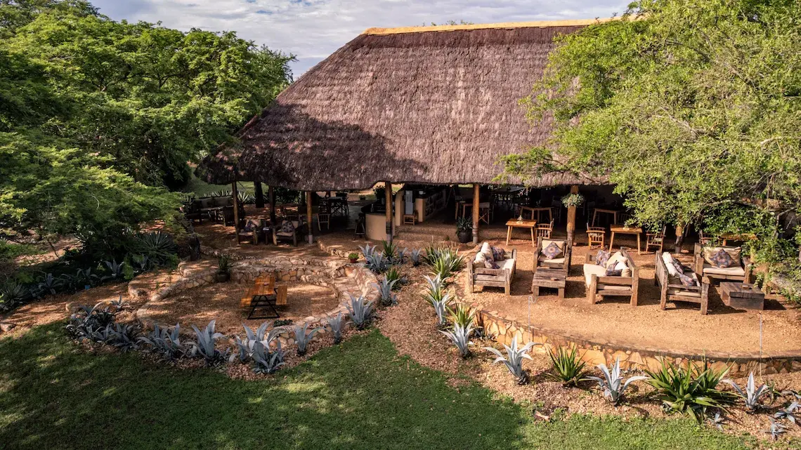 Drone image of the main restaurant and bar including outside seating areas 