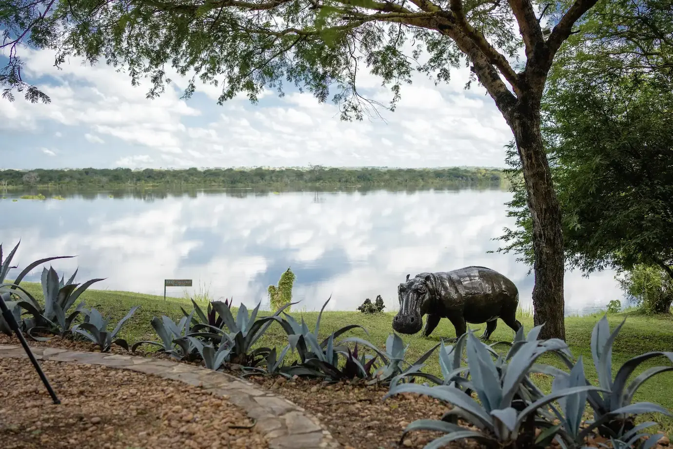The main view from the restaurant and bar of Murchison River Lodge overlooking the River Nile towards Murchison Falls National Park with a steel hippo in the foreground
