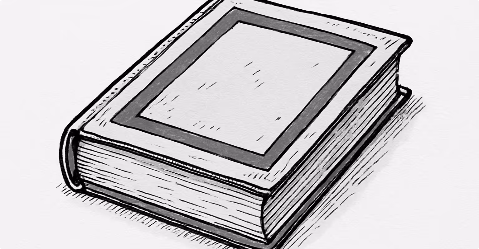 Thick hardcover book in black and white sketch style