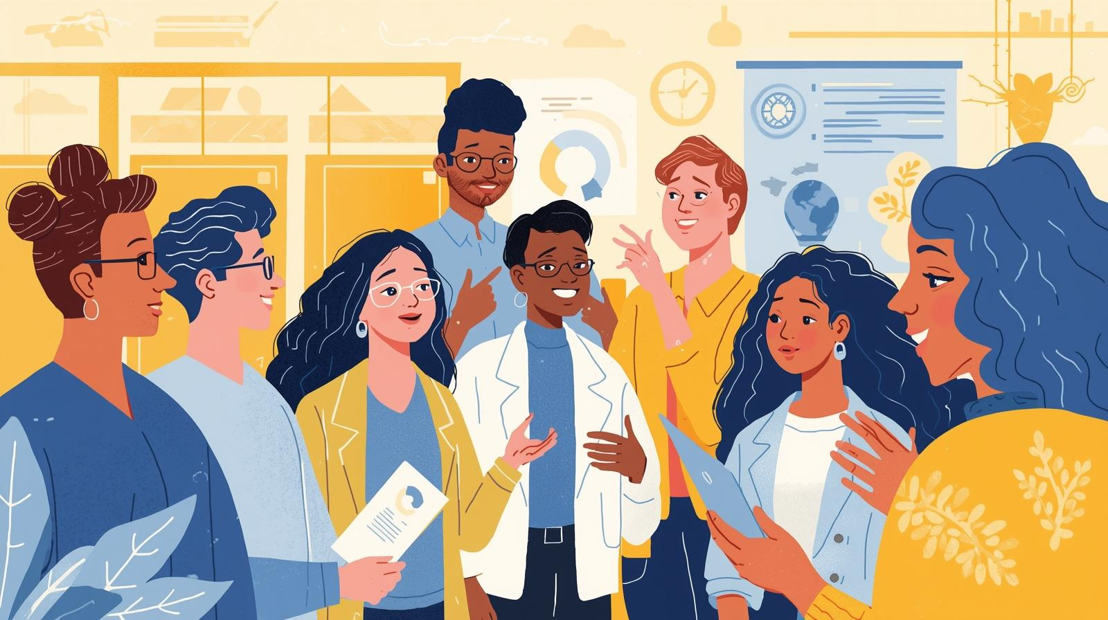 Illustration of teachers and mentors sharing ideas, representing collaboration, inspiring lessons, and education resources - learner led science