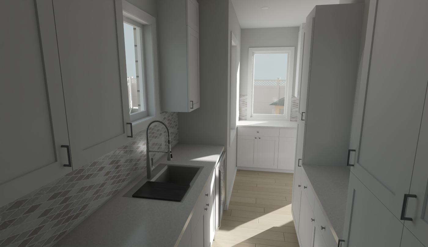Bright kitchen renovation with a large window over the sink and stone counters