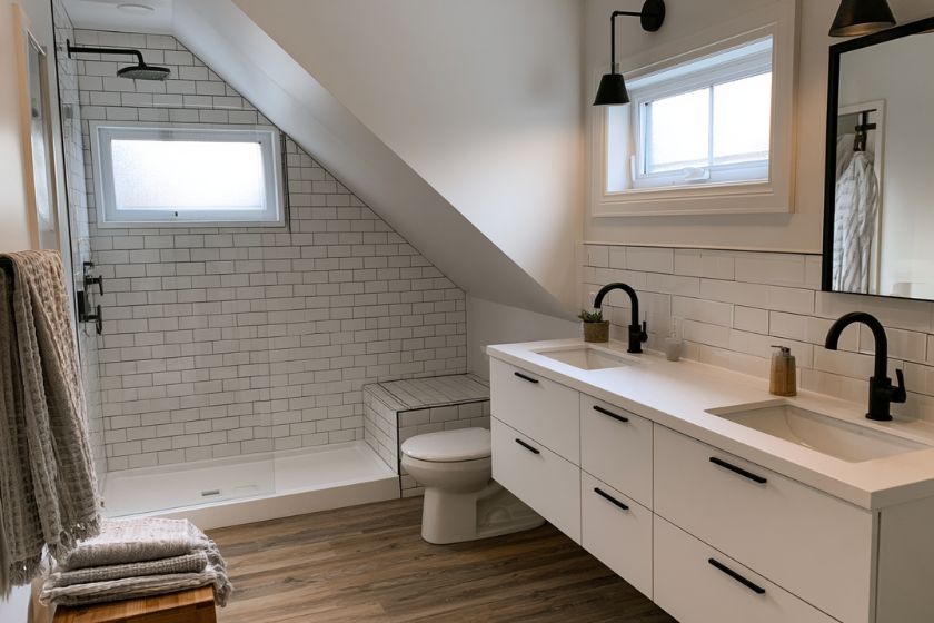 Attic suite bathroom with subway tile, a double vanity, and a curbless shower