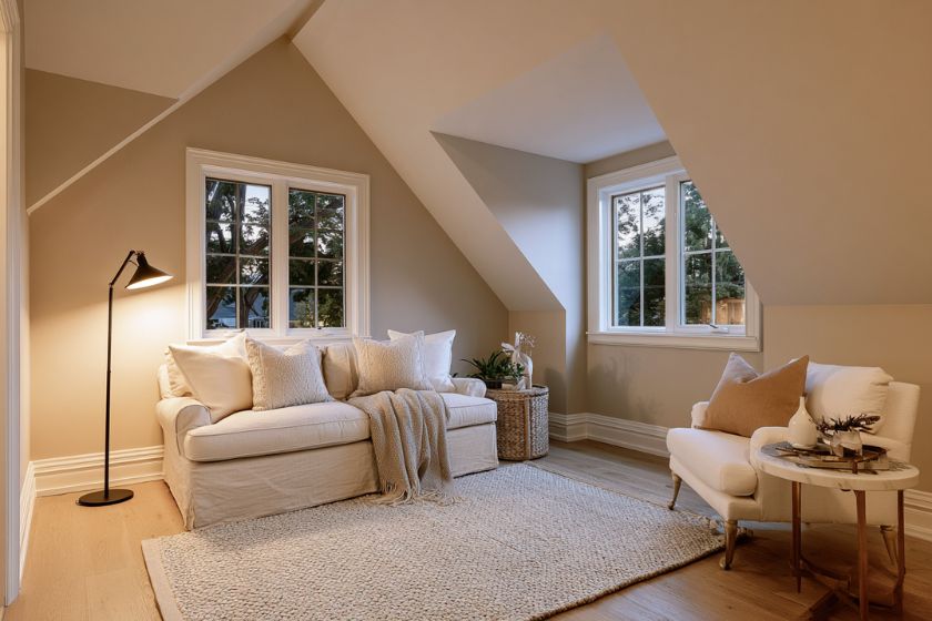 Attic rental suite living room with dormer windows and a sloped ceiling