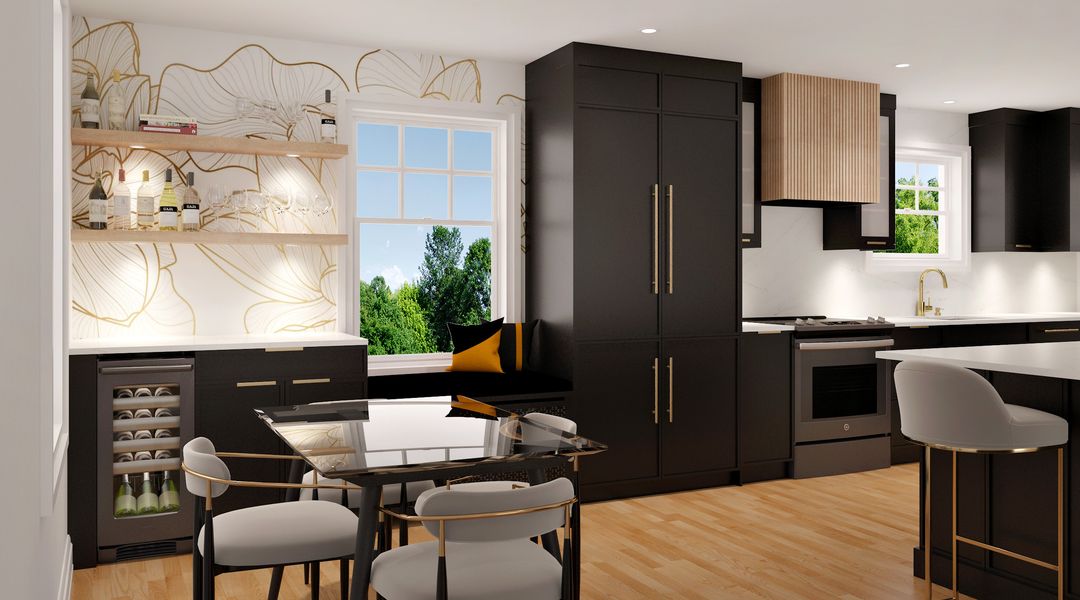 West End Halifax kitchen with black cabinetry, quartz peninsula and dining area