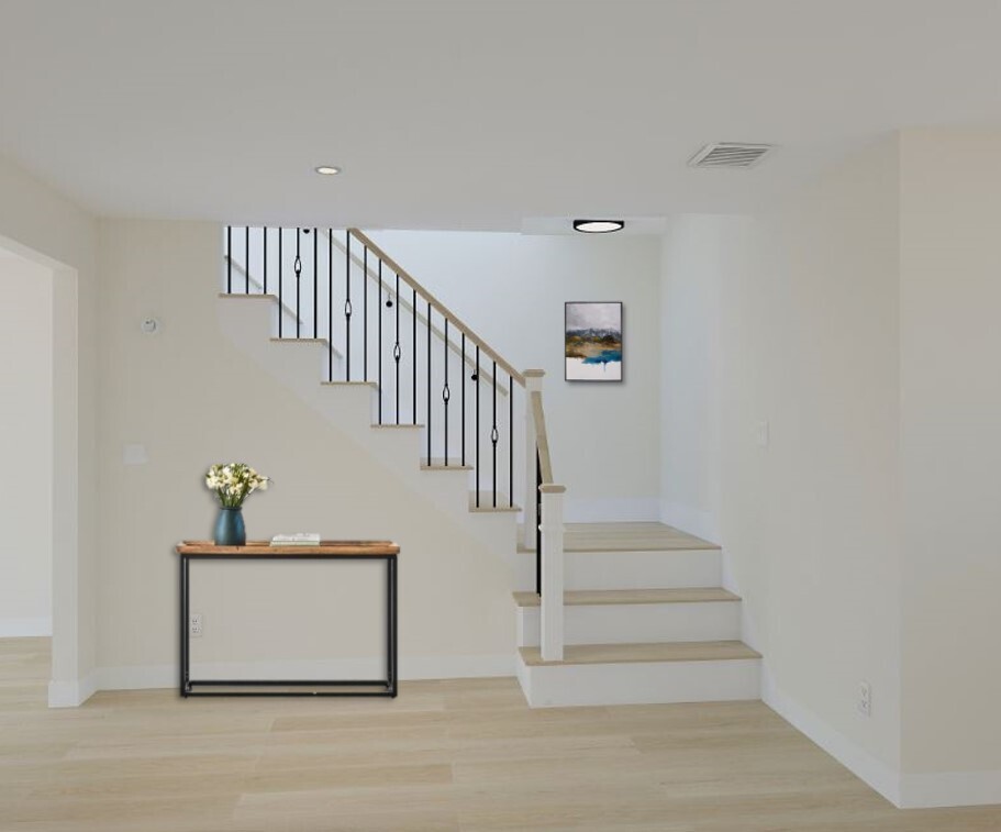 Rendering of a finished basement stair and landing for an HGC basement renovation in Timberlea