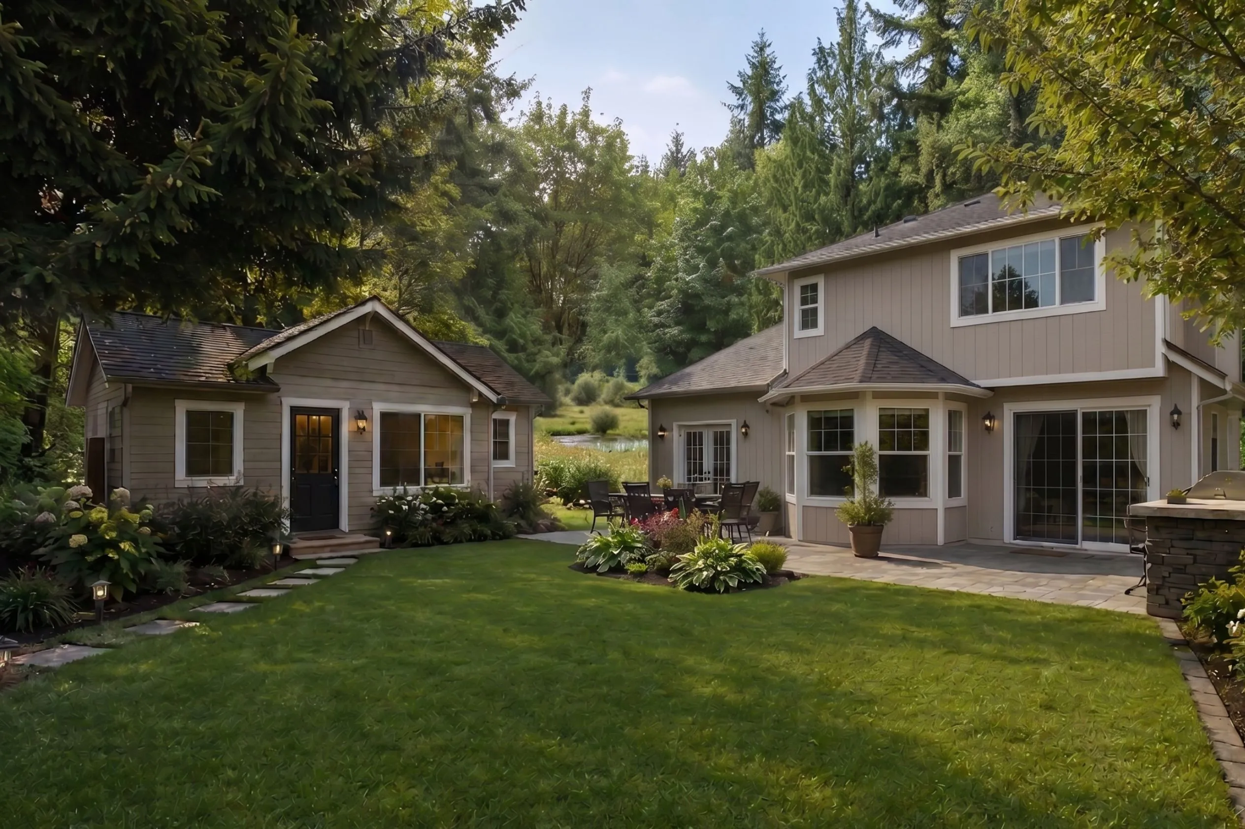 Detached backyard suite beside a family home with a shared lawn and patio