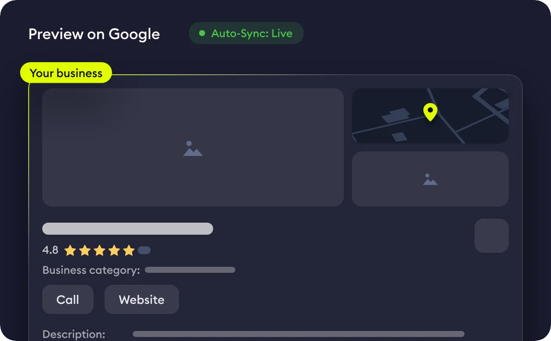 Google business profile preview with rating, category, call and website buttons, kept in sync