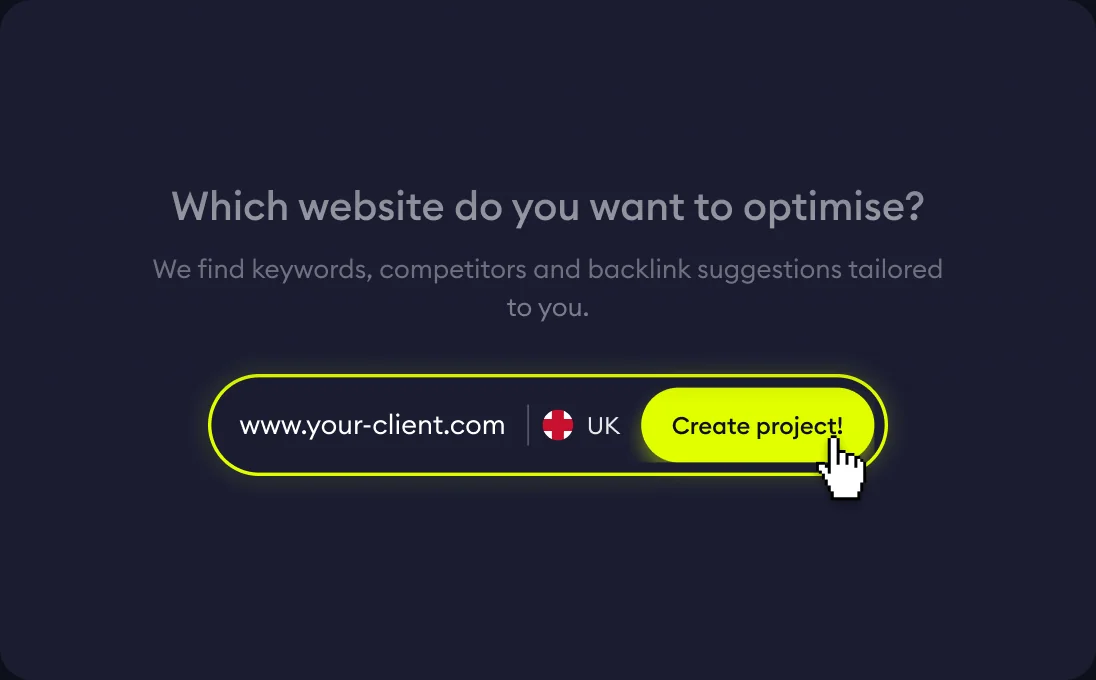 Creating a client project in Linkbroker by entering the client's website and country