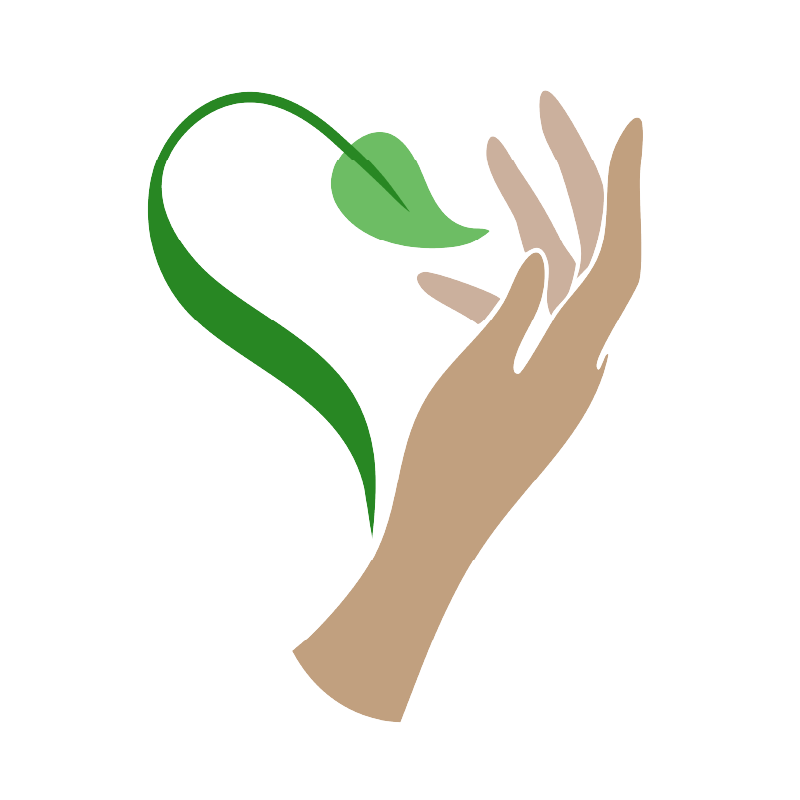 Logo of a hand with fingers extended near a green leaf and stem forming a heart shape representing growth and empowerment