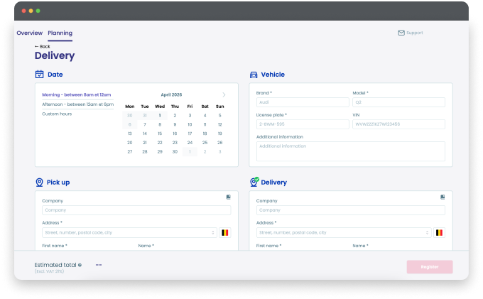 Delivery planning screen with date picker set to April 2026, vehicle details form for brand Audi and model Q2, and pickup and delivery company and address fields.