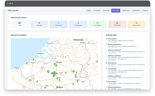 Dashboard showing missions status with totals, locations marked on a Belgium map, and a detailed activity feed.