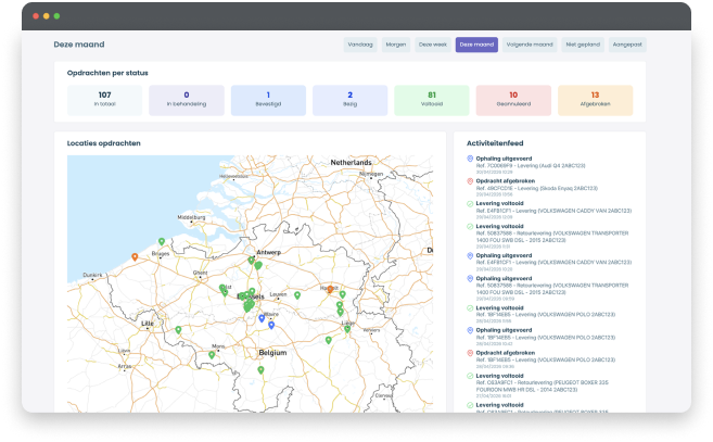 Dashboard interface showing monthly task status with a color-coded summary and a map of Belgium and Netherlands pinpointing task locations, alongside a detailed activity feed.