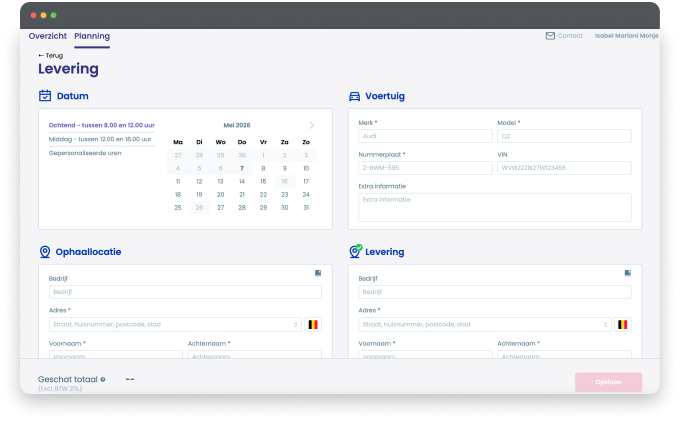 User interface screen for scheduling a delivery with date selection calendar, vehicle details, pickup and delivery location forms, and save button.